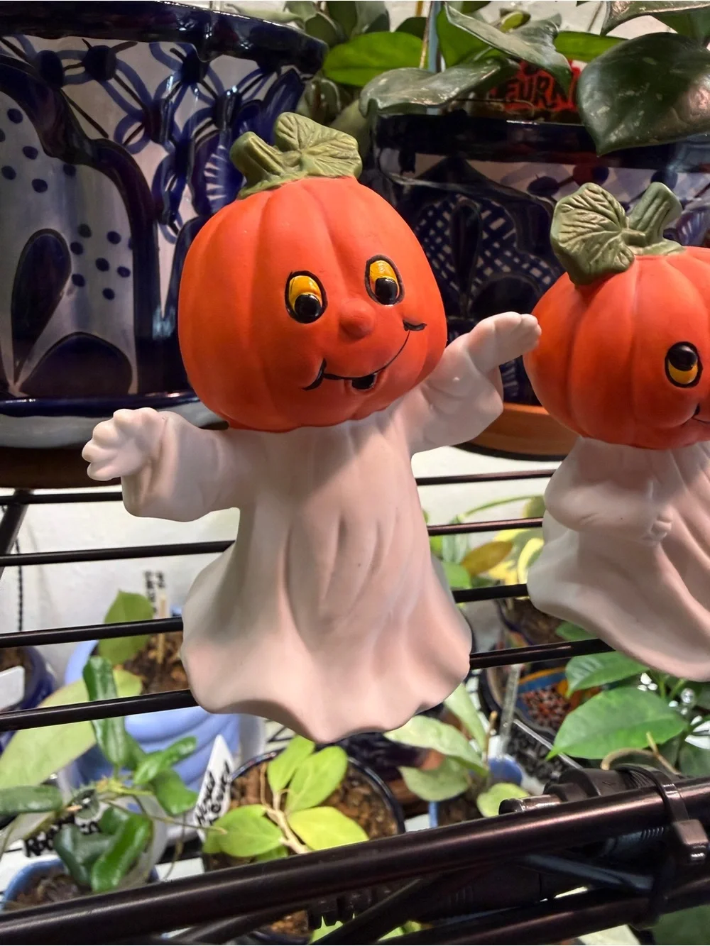 Vintage 1980s Ceramic Pumpkin Head Ghosts - Set of 2 Halloween Figurines